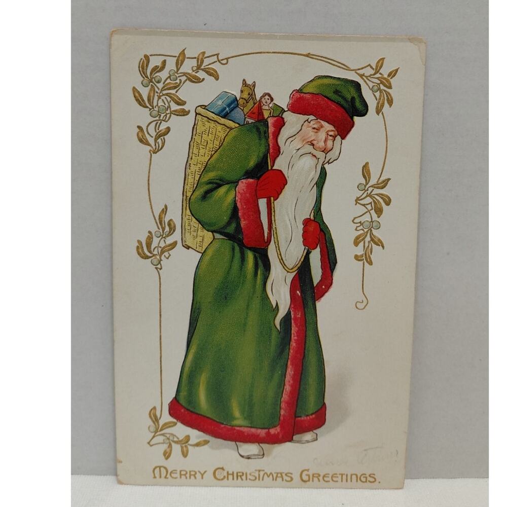 Antique Christmas Postcard Santa Claus in Green Divided Unposted Tuck & Sons